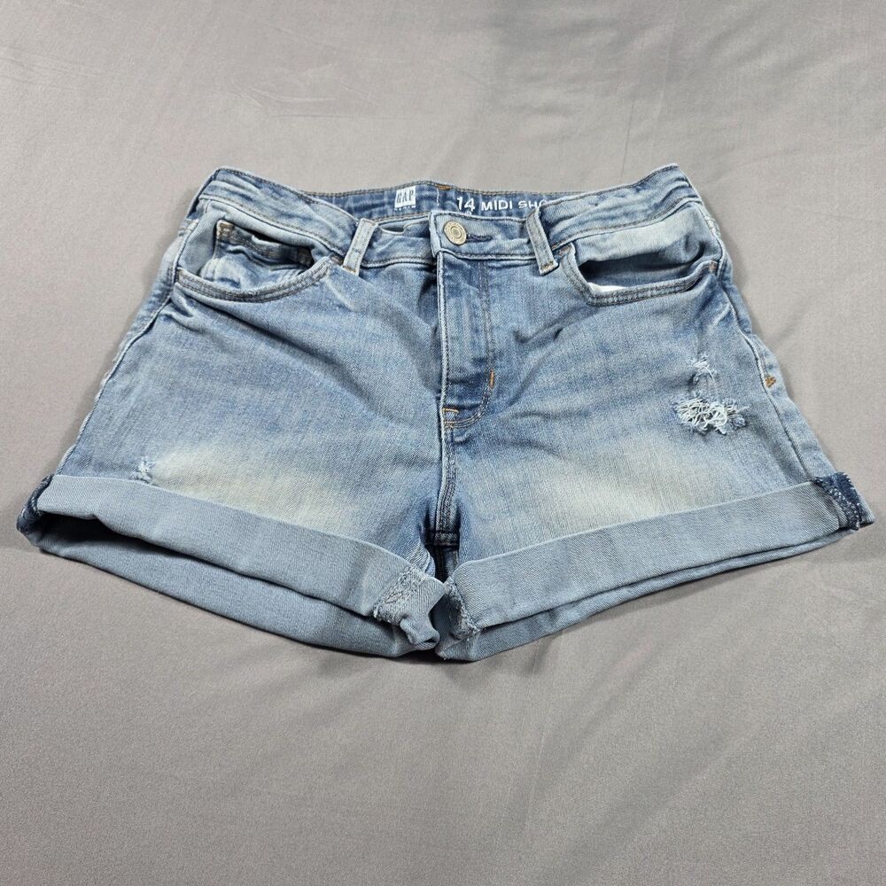 Gap Kids Girls Size 14 Plus Blue Denim Midi Shorts Adjustable Waist Stretch